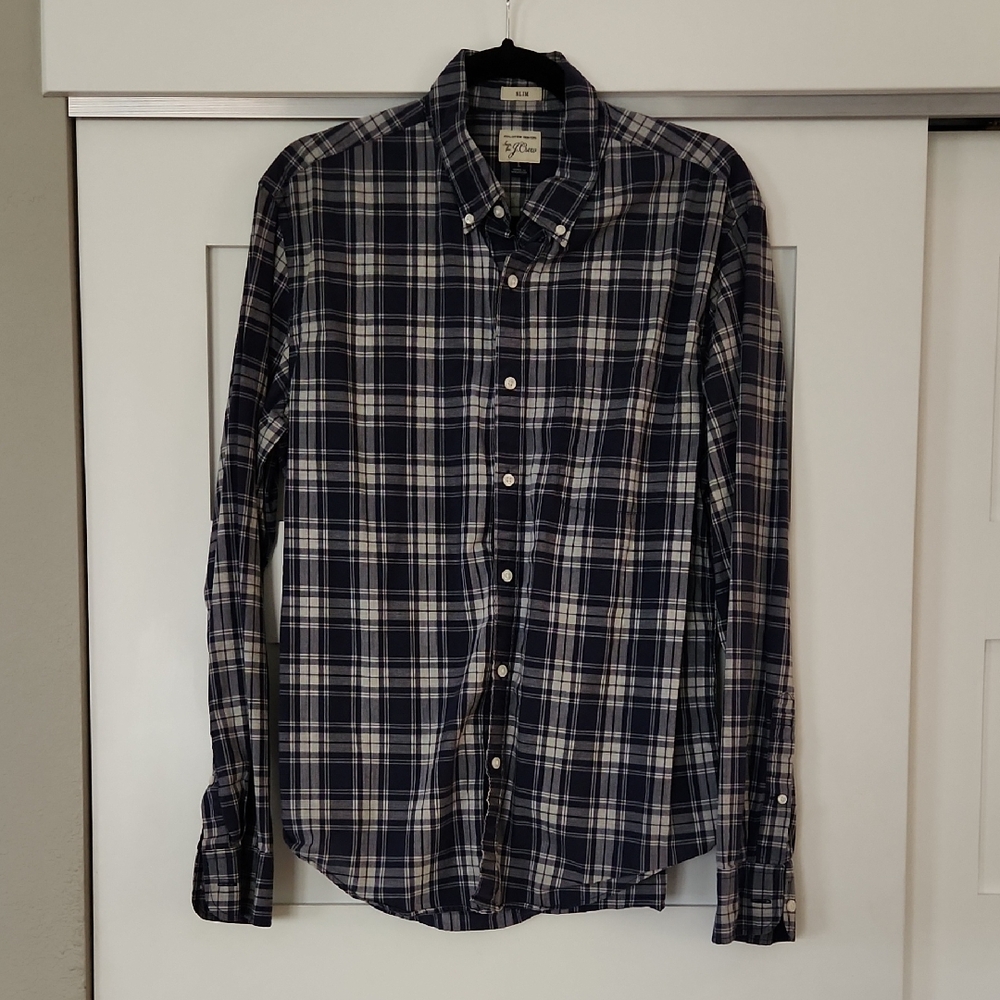 Men's Navy Plaid J. Crew 100% Cotton Button Down Slim Fit Shirt